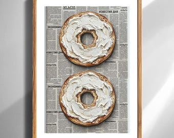 Bagel Wand Kunst Druck für Küche Dekor Frischkäse Bagel auf Vintage Zeitung Minimalist Frühstück Wand Dekor Digitaler Download