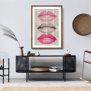 Vintage Newspaper Kiss Print with Pink Lipstick and Eyelash Illustration Romantic Wall Art Decor for Makeup Studio Living Room Modern Print image 2