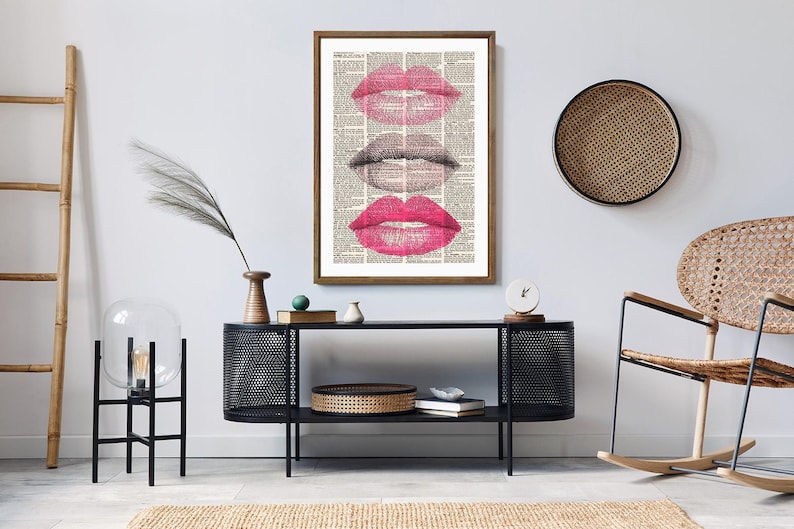 Vintage Newspaper Kiss Print with Pink Lipstick and Eyelash Illustration Romantic Wall Art Decor for Makeup Studio Living Room Modern Print image 2
