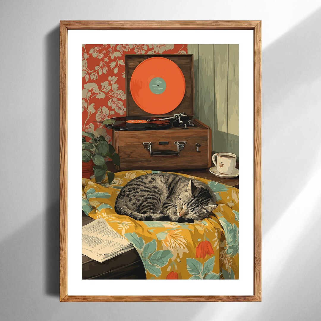 Cozy Vintage Turntable and Cat Art Print Retro Music Room Wall Decor ...