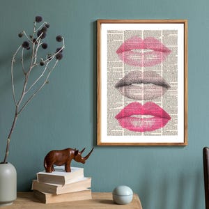 Vintage Newspaper Kiss Print with Pink Lipstick and Eyelash Illustration Romantic Wall Art Decor for Makeup Studio Living Room Modern Print image 3