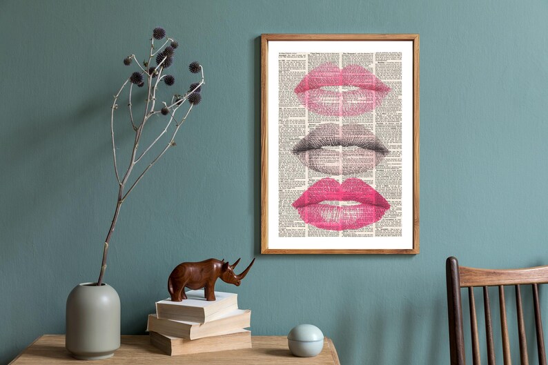 Vintage Newspaper Kiss Print with Pink Lipstick and Eyelash Illustration Romantic Wall Art Decor for Makeup Studio Living Room Modern Print image 3