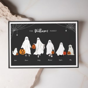 Halloween Custom Family Portrait, Personalized Halloween Ghost Print, Wall Art with Pets, Unique Spooky Decor, Festive Family Keepsake