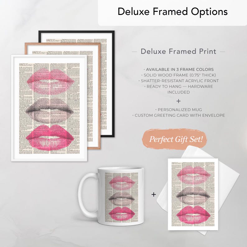 Vintage Newspaper Kiss Print with Pink Lipstick and Eyelash Illustration Romantic Wall Art Decor for Makeup Studio Living Room Modern Print image 5