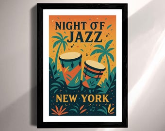 Night of Jazz Poster | Vintage Music, Tropical Conga Drums (Print and Digital)