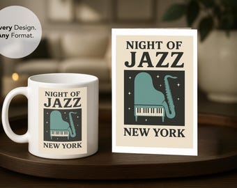Vintage Jazz New York Poster, Teal Piano & Sax (Print and Digital)