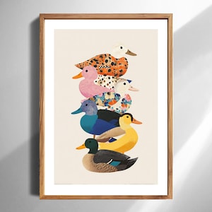 Kolorowy, ułożony w stosy kaczuszek, wydruk artystyczny, nowoczesna dekoracja ścienna do pokoju dziecięcego, plakat z ilustracją zwierząt, prezent do pokoju dziecięcego w stylu wiejskim, cyfrowe pobieranie