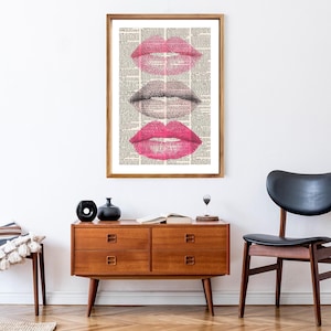 Vintage Newspaper Kiss Print with Pink Lipstick and Eyelash Illustration Romantic Wall Art Decor for Makeup Studio Living Room Modern Print image 9