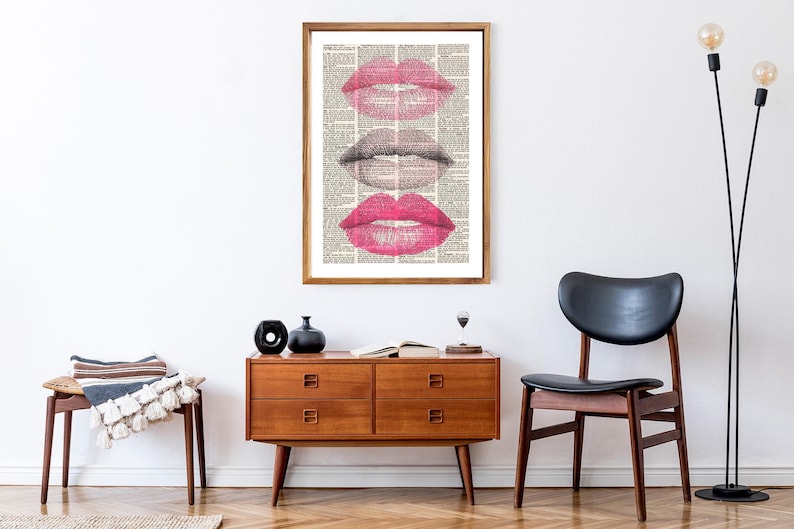 Vintage Newspaper Kiss Print with Pink Lipstick and Eyelash Illustration Romantic Wall Art Decor for Makeup Studio Living Room Modern Print image 9