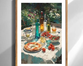 Sommer Garten Stillleben Wand Kunst Druck Vertikal Küche Dekor für Esszimmer Zuhause Sofort Hochladen Blumen Wein Flaschen Pizza Tomate