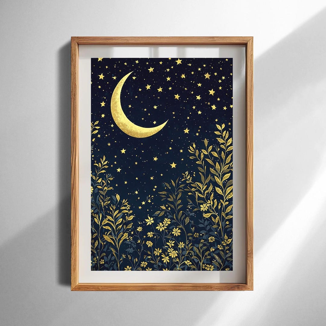 Printable Night Sky Wall Art Gold Moon Stars Botanical Illustration for ...