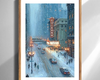 Chicago Winter Street-Szene Kunstdruck Verschneite Stadtlandschaft-Wand-Dekor für Haus oder Büro impressionistischen druckbaren digitalen Download Poste