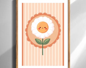 Druckbare niedliche lächelnde Gänseblümchen-Kinderzimmer-Wand-Kunst für Kinder Raum-Dekor-Pfirsich Gestreifte digitaler Download sofortiger botanischer Kunstdruck