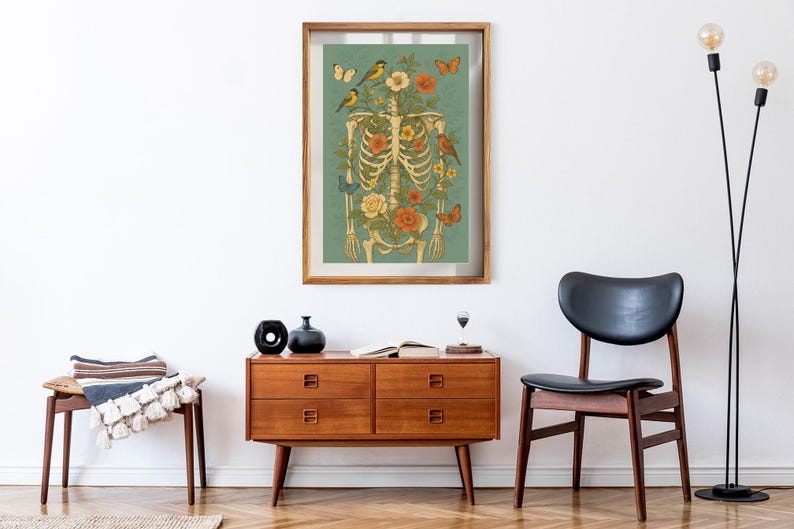 Botanical Skeleton Wall Art Print With Vintage Floral Rib Cage ...
