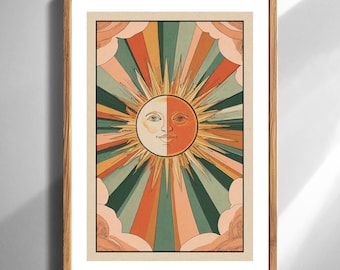 Celestial Boho Sun Moon Wall Art Print for Living Room Home Decor Retro Sunburst Poster VintageInspired Astrology Home Gift Premium Paper