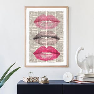 Vintage Newspaper Kiss Print with Pink Lipstick and Eyelash Illustration Romantic Wall Art Decor for Makeup Studio Living Room Modern Print image 10