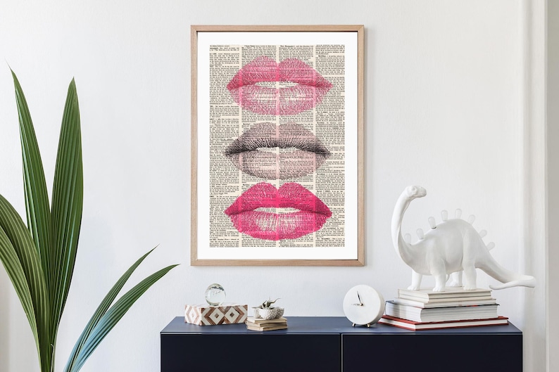 Vintage Newspaper Kiss Print with Pink Lipstick and Eyelash Illustration Romantic Wall Art Decor for Makeup Studio Living Room Modern Print image 10