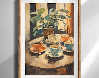 Kaffeetassen und Pflanzen Stillleben Druck Vintage-inspirierte Küchen Wandkunst für Kaffeeliebhaber Fine Art Gicle Print auf Archival Matte Papier