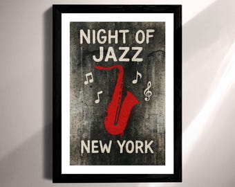 Vintage New York Jazz Poster, Saxophone Wall Art (Print and Digital)