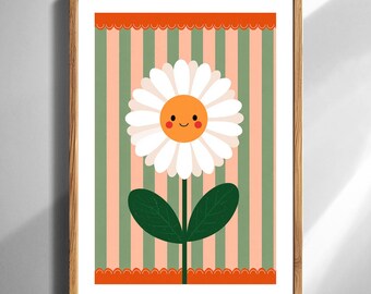Lächelnd Daisy Wand Kunst Druck Moderne Blumen Kinderzimmer Dekor digitaler Download druckbare Poster Boho Retro gestreiften Jakobsmuschel grün Pfirsich Haus