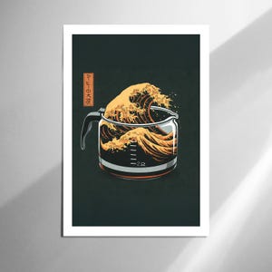 May include: A print depicting a coffee pot with a golden wave design. The coffee pot has a black base and handle, with measurement lines. Japanese text is in a rectangular box on the left.