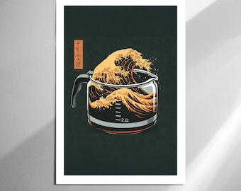 Japanisch inspirierte Kaffee Welle Kunstdruck Küche Wand Dekor Hokusai Stil Kaffeekanne Illustration Moderne Koffein Liebhaber Geschenk Poster