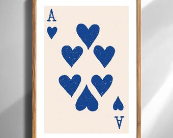 Minimalist Ace of Hearts Wall Art Print with Blue Hearts on Beige Background Playing Card Illustration for Game Room Valentine Decor