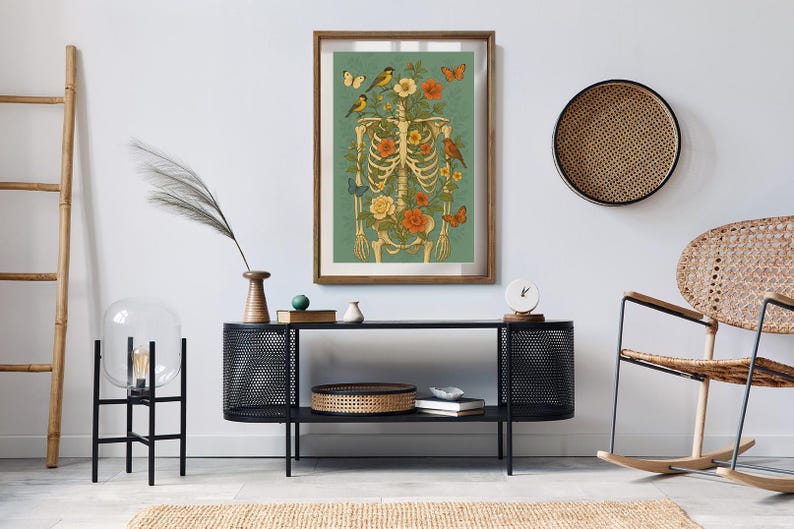 Botanical Skeleton Wall Art Print With Vintage Floral Rib Cage ...