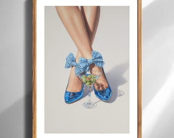Fashion Illustration Wall Art Print Featuring Blue Patent Heels with Gingham Ankle Bows and Martini Glass Chic Home Decor for Living Room
