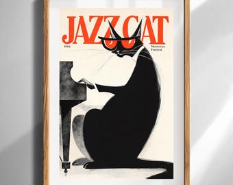 Vintage Jazz Katze Wand Kunst Poster Retro Mid Century moderne Katze spielt Klavier druckbare digitale Download Poster Montreux Festival 1984
