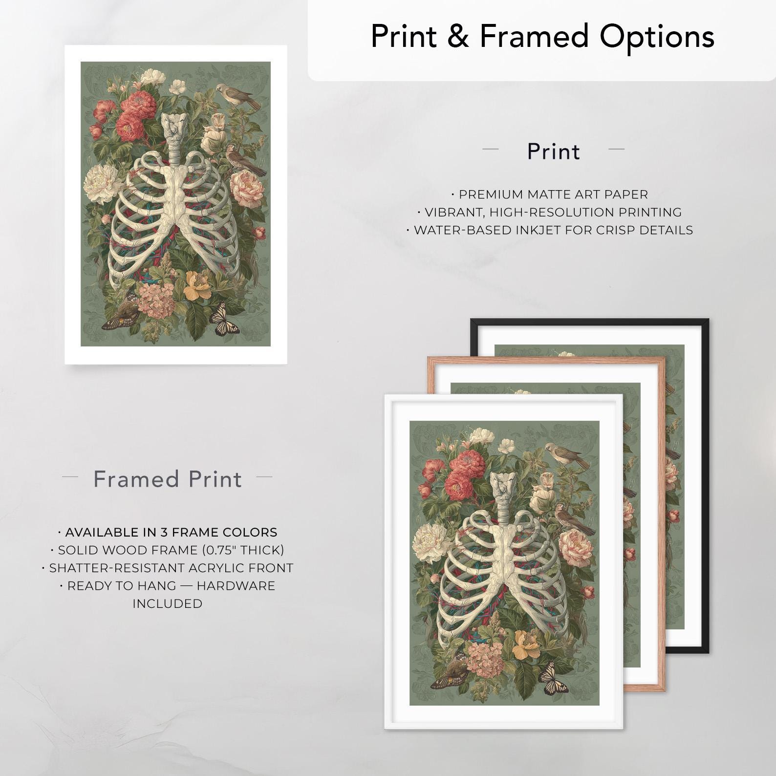 Anatomical Rib Cage Floral Birds Art Print Botanical Vintage Style ...