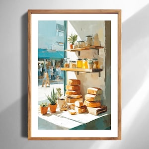 Sunlit Artisan Bakery Window Digital Art Print Stacked Bread Jars Potted Plants Rustic Kitchen Wall Decor Printable Home Dcor