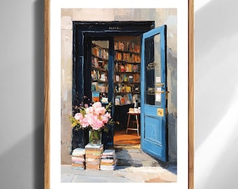 Charmanter Buchladen Eingang Kunstdruck für Buchliebhaber Porträt Wanddekor Digitales Ölgemälde Illustration Gemütliches Hausbibliotheksgeschenk