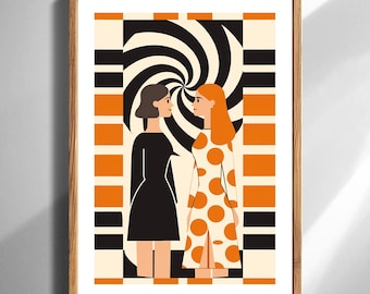 Modernes Abstraktes Porträt Wand Kunst Druck Zwei Frauen Angesicht Angesicht Minimalistische Polka Dot Illustration Poster Wohnkultur in Orange Schwarz Creme