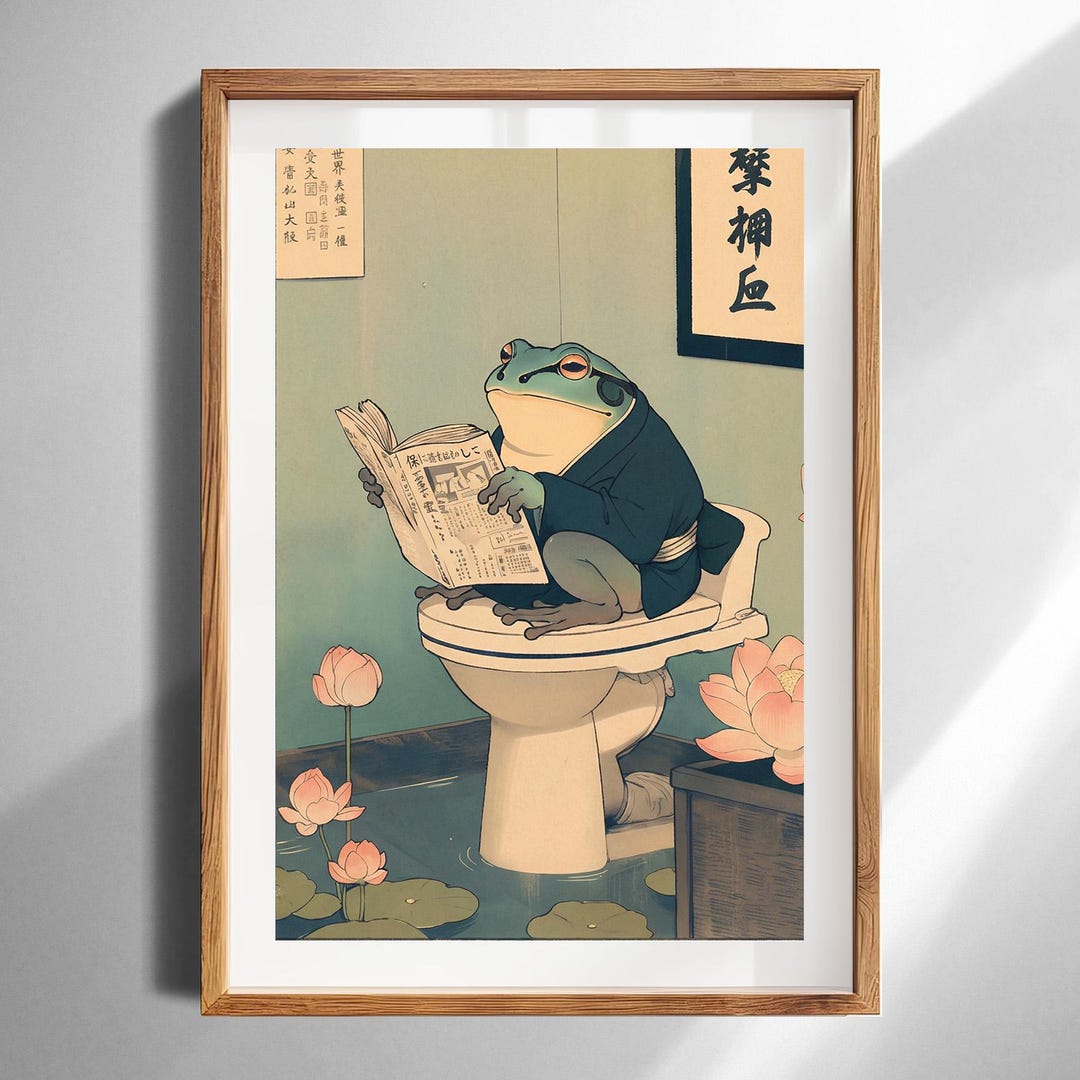 Whimsical Frog on Toilet Ukiyoe Art Print Japanese Style Vintage Wall ...