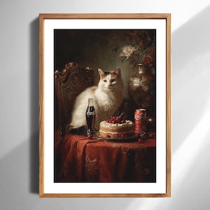 Printable Vintage Baroque Cat Still Life Wall Art Featuring Cake Cherries and Cola Bottle Digital Download Kitchen Decor Cat Lover Gift
