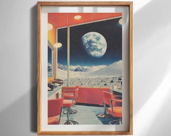 Retro Diner Space Wand Kunst Druck Vintage Futurismus Mondlandschaft für Home Dcor Küche oder Büro Blick auf die Erde im Moon Diner Poster