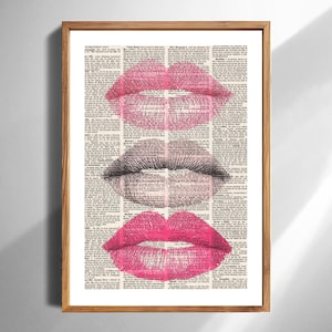 Vintage Newspaper Kiss Print with Pink Lipstick and Eyelash Illustration Romantic Wall Art Decor for Makeup Studio Living Room Modern Print image 1