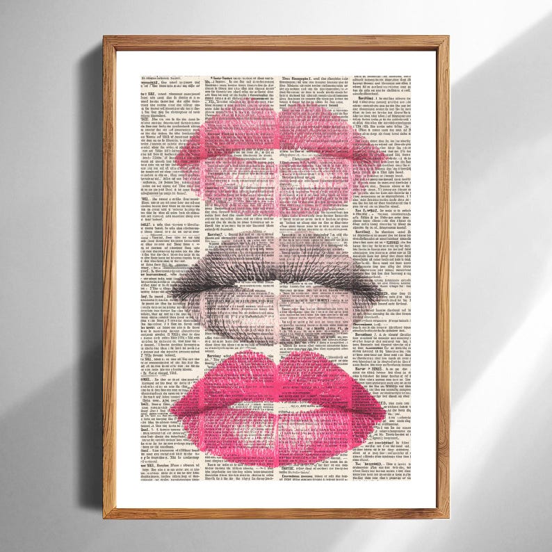 Vintage Newspaper Kiss Print with Pink Lipstick and Eyelash Illustration Romantic Wall Art Decor for Makeup Studio Living Room Modern Print image 1