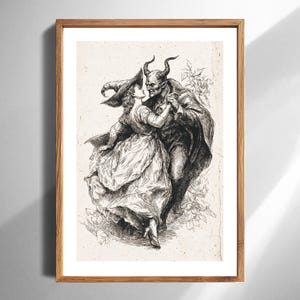 Vintage Devil and Witch Dance Art Print Gothic Wall Decor for Halloween Home Gothic Living Room Gift Drawn Illustration on Aged Paper Beige