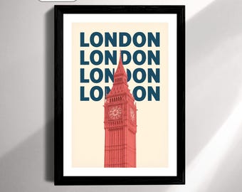 Big Ben London Print, Modern Typography, Travel Poster