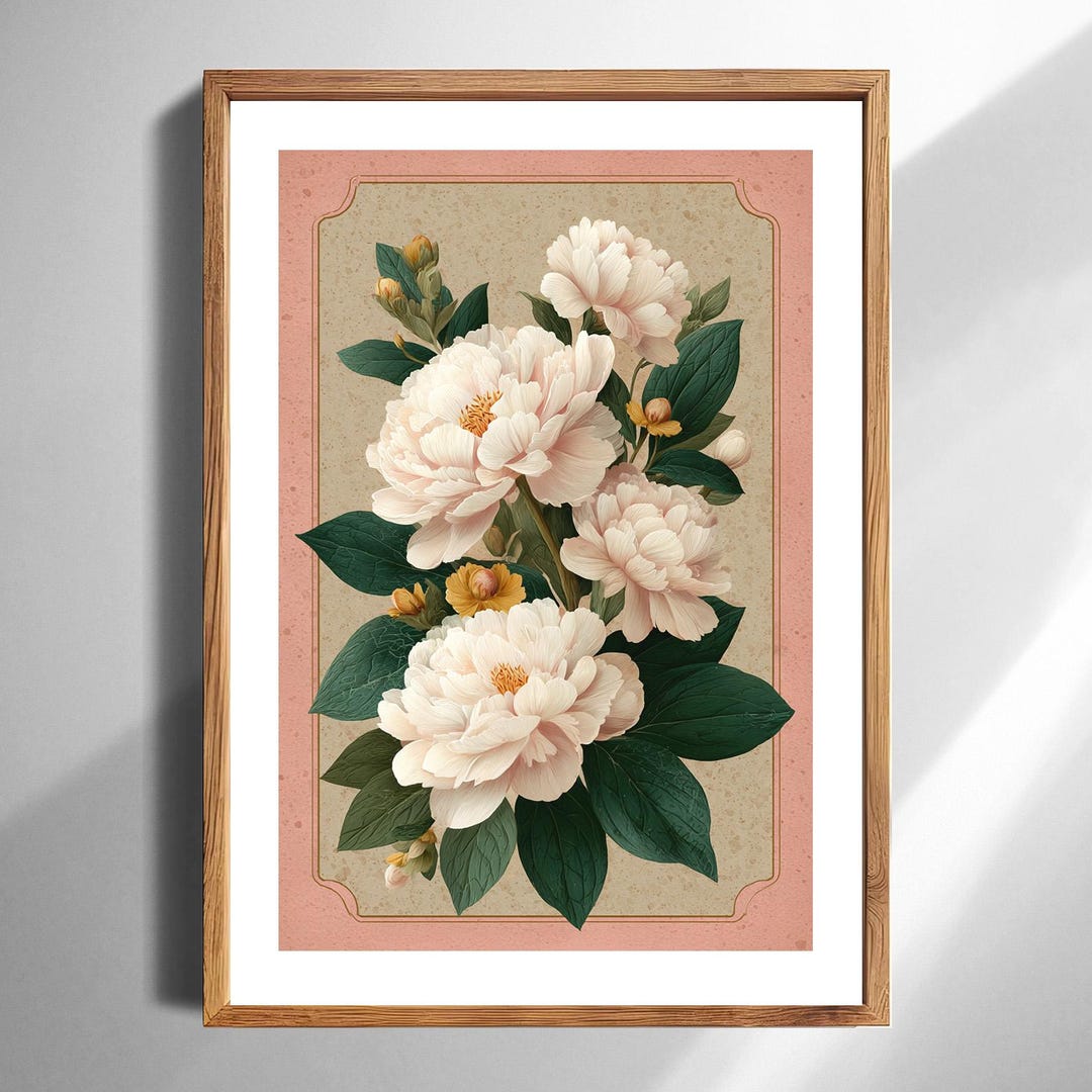 Vintage Botanical Peony Wall Art Print With Soft Peach Floral ...