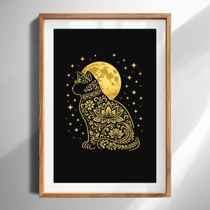 May include: A framed art print featuring a gold cat silhouette with intricate floral patterns, set against a black background. A golden moon and stars complete the celestial design. The artwork is displayed in a wooden frame.
