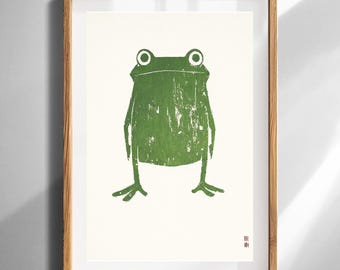 Minimalist Green Frog Art Print Woodland Nursery Wall Decor Kids Room Animal Linocut Print Modern Scandinavian Home Decor Illustration