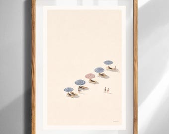 Sonnenschirm Art Print Digitaler Download Küsten-Wand-Dekor für den Sommer Haus Moderne Beige Poster mit Sonnenliegen Einfache Strandszene