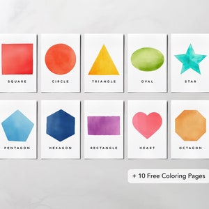 Set of 10 Watercolor Shapes Flash Cards, Preschool Educational Tools, Homeschool Printables, Montessori Material, Geometric Visual Learning