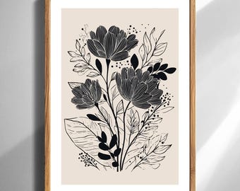Minimalistische botanische Wand Kunst Druck moderne schwarze Blumen Linie Zeichnung für Home Dekor Boho Wohnzimmer Dcor digitaler Download druckbare Kunst