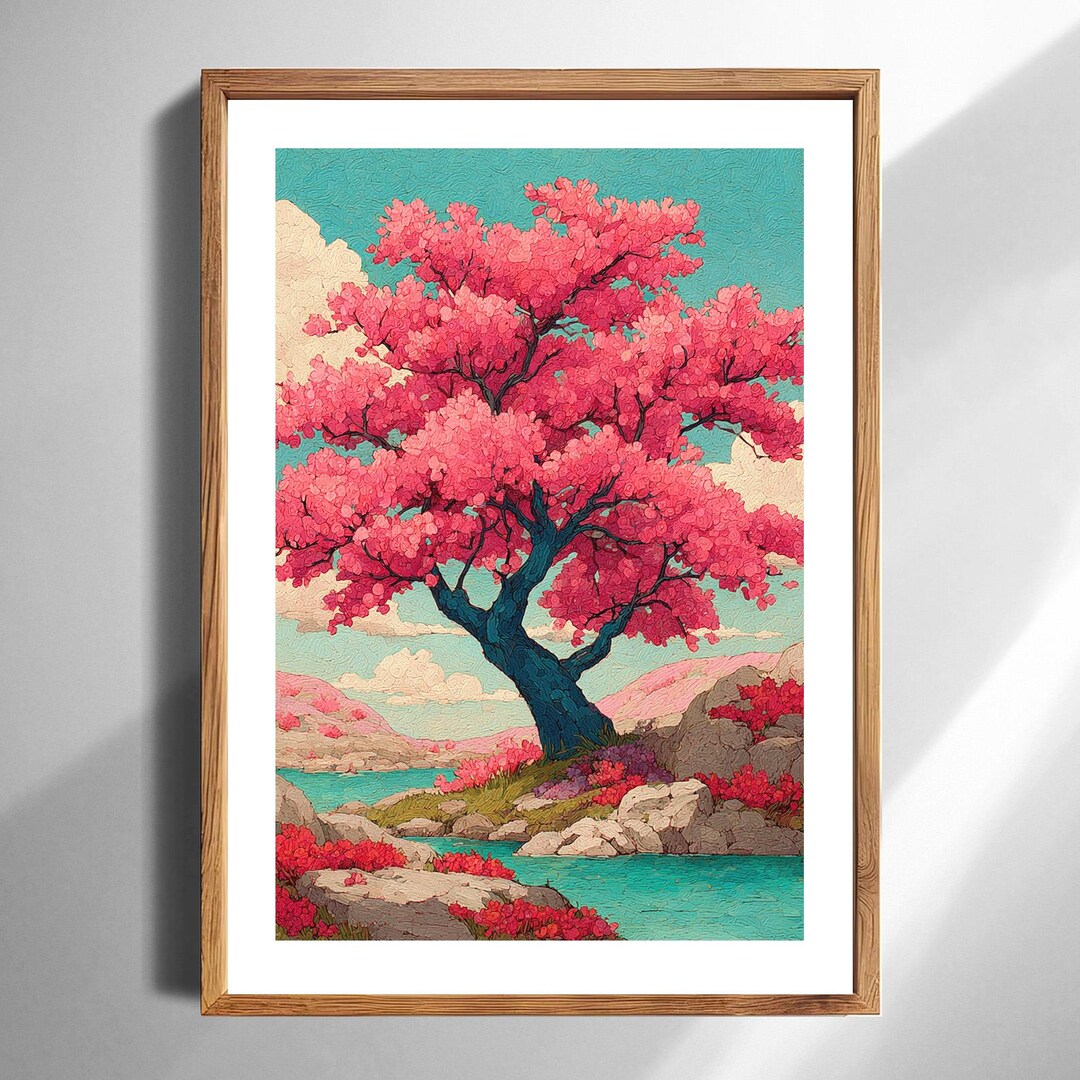 Cherry Blossom Wall Art Print Pink Tree Floral Landscape Illustration ...