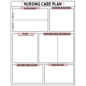 Puede incluir: Una plantilla de plan de atención de enfermería imprimible en blanco y negro con secciones para la evaluación, el diagnóstico de enfermería, el plan, las intervenciones/razonamientos, la educación del paciente y la evaluación.