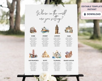 Travel Theme Seating Chart | Where In The World Are You Sitting Wedding Seating Chart Template Set Printable Seating Plan 18x24 24x36 A1 A2